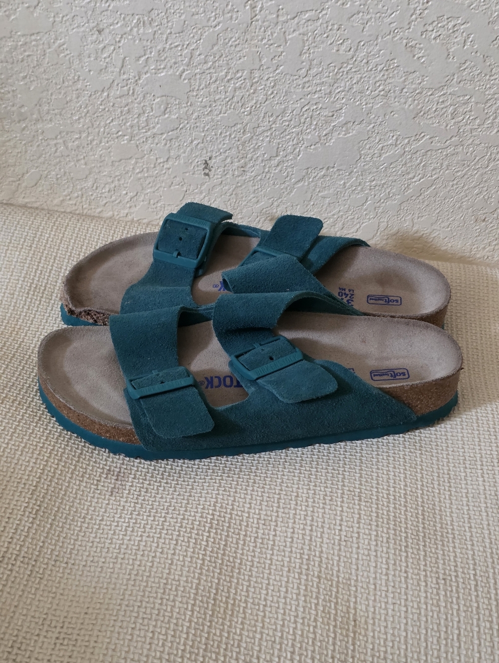 Birkenstock Teal Suede Double-Buckle Slide Sandals Size 37